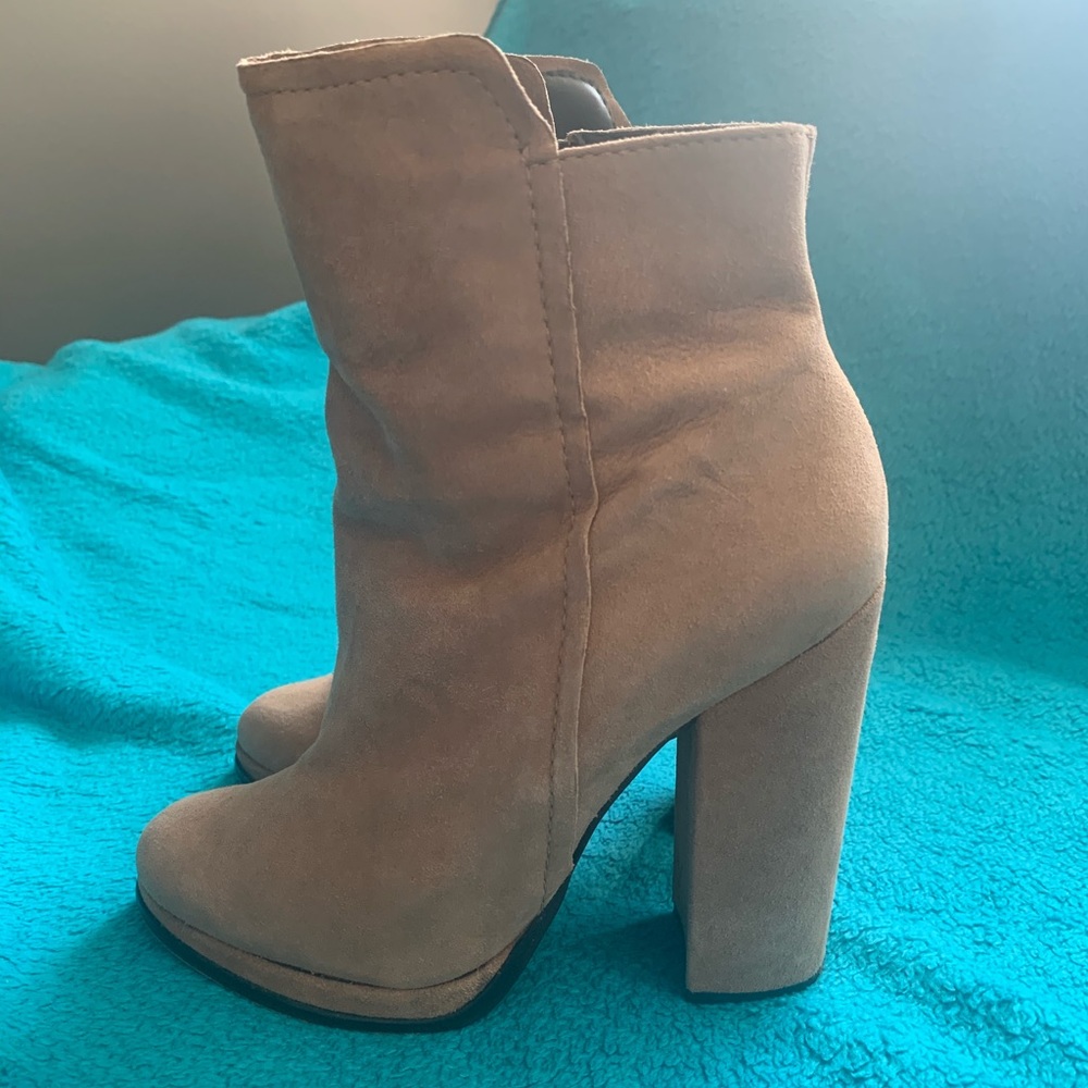 M4DE Genuine Suede Booties, Tan, Size 6.5